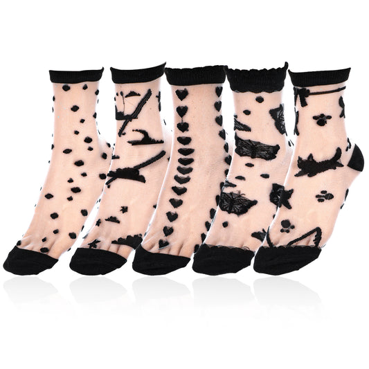 Lusofie 5 Pairs Sheer Socks Black See Through Socks Checkered Dot Striped Plaid Ankle Summer Socks for Women Thin Fashion (Style F)