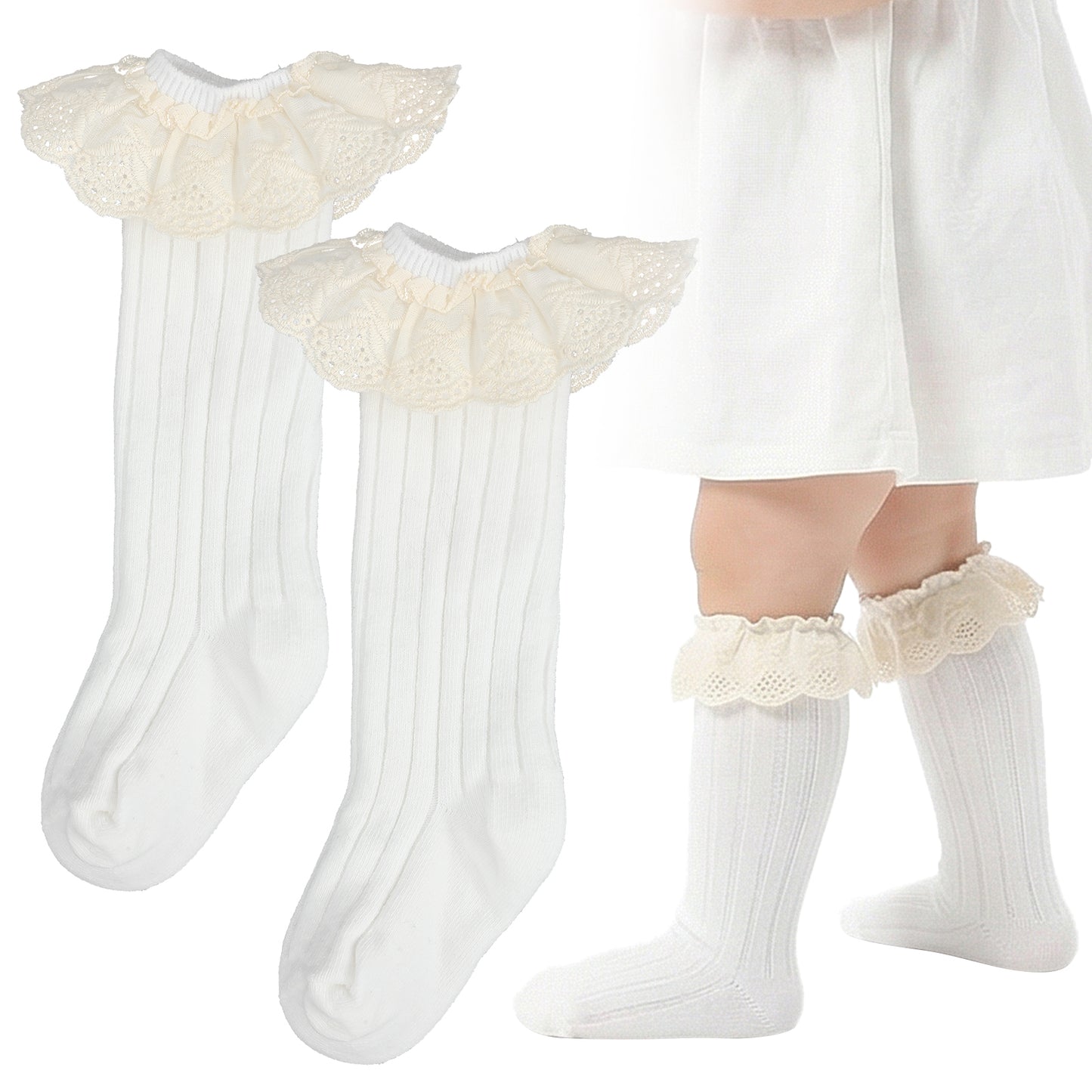 Josojoou Baby Knee High Socks with Ruffles | Soft Stretch Cotton White Stockings for Toddler Girls | Newborn Infant Toddler Dress Socks for Newborn Photo Shoot, Birthday, Baby Shower （0-6 Months）