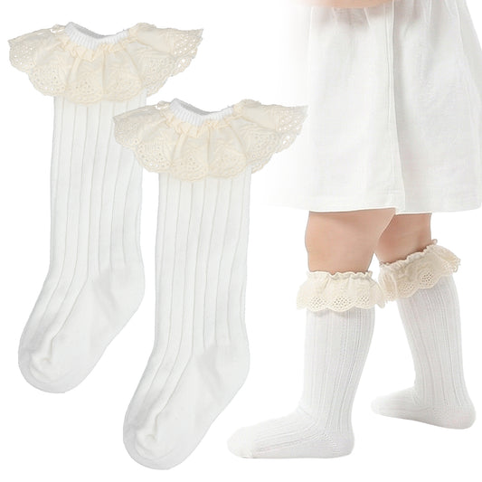 Josojoou Baby Knee High Socks with Ruffles | Soft Stretch Cotton White Stockings for Toddler Girls | Newborn Infant Toddler Dress Socks for Newborn Photo Shoot, Birthday, Baby Shower （0-6 Months）