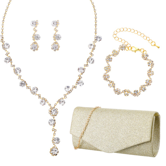 Yolev Prom Jewelry Set for Women Gold Clutch Purses for Women Formal Bride Jewelry Set for Wedding Day Include Gold Necklace, Earring and Bracelet for Brides Bridesmaids