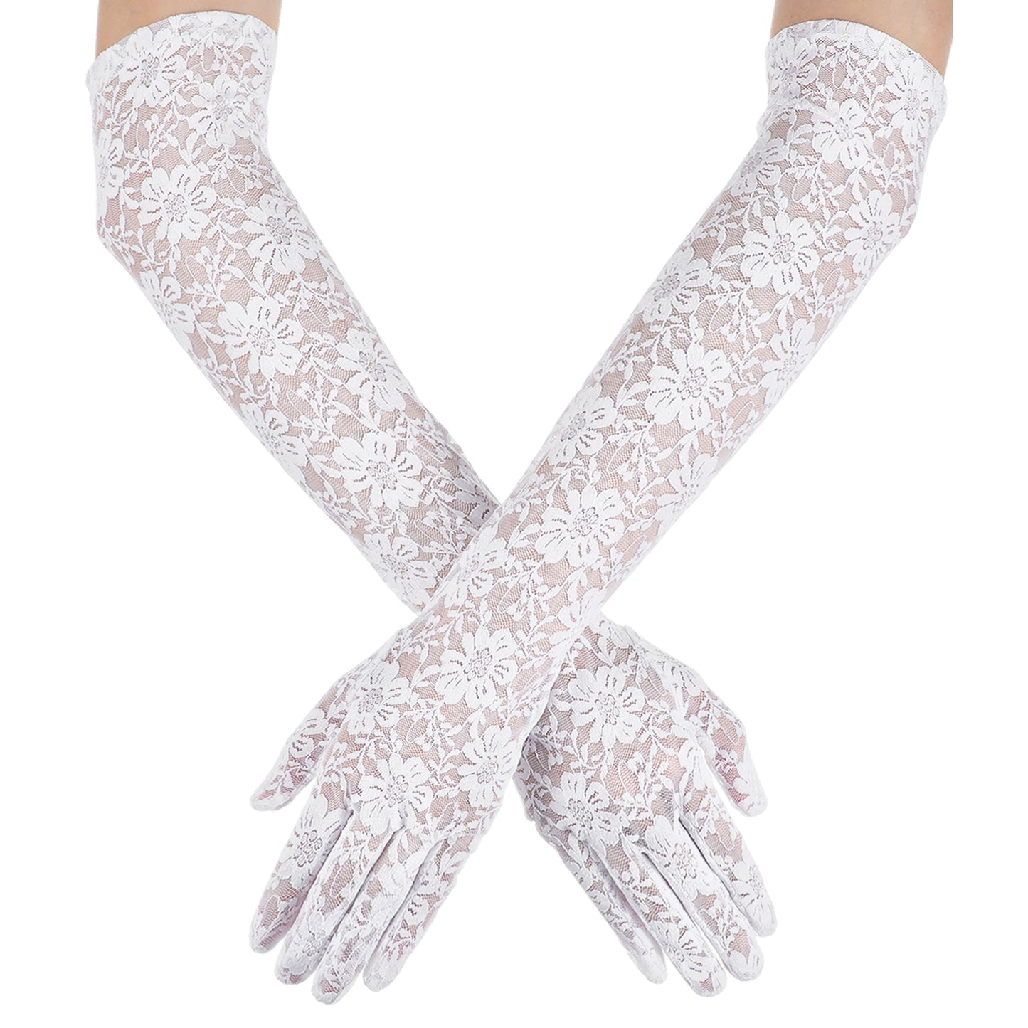 Women's Long Lace Gloves Tea Party Gloves Elegant Formal Gloves Bridal Gloves for Wedding Cocktail Party Opera Performance (White)