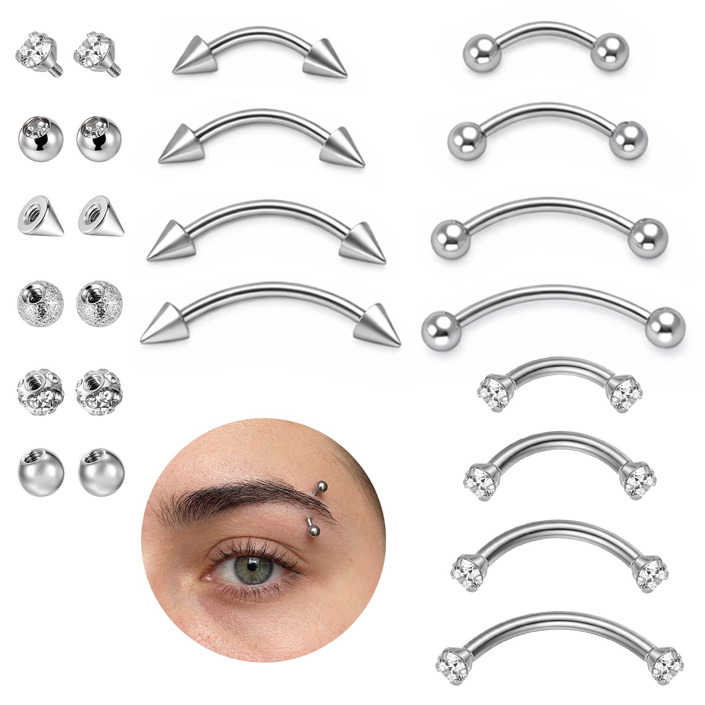 12 Pcs Eyebrow Ring, 16G Stainless Steel Curved Barbell Jewelry, Eyebrow Rings Tongue Ring Ear Rook Belly Rings, 6mm/8mm/10mm/12mm Shaft Length Vertical Labret Jewelry With 12 Replacement Balls