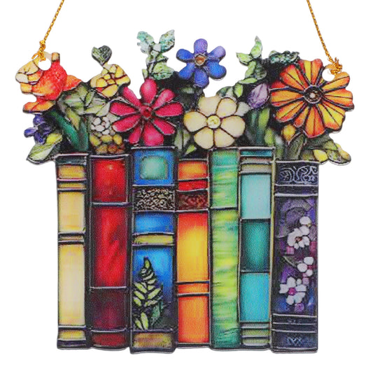 Book Ornament Stained Glass Window Hanging, Acrylic Floral Shelf Stained Glass Decor, Bookish Gifts for Book Lovers, Librarians, Readers, Women Suncatcher Effect Ornament for Christmas Tree