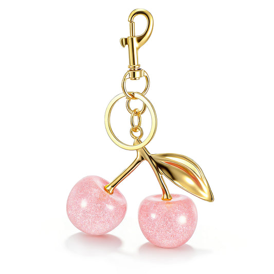 Neyauo Cherry Bag Charm, Cute Sparkling Resin And Metal Purse Keychain Accessories For Women, Pink Gold Color, Novelty Style