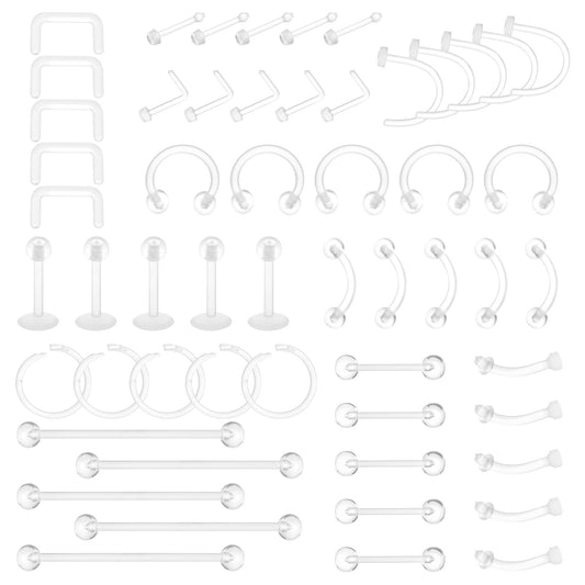 Yolev 65 Pcs Piercing Retainer Set, Acrylic Clear Piercing Jewelry, Flexible Nose Rings, Septum Retainers, Lip Eyebrow Tongue Belly Rings, Industrial Barbell