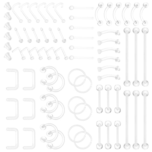 Yolev 66 Pcs Clear Acrylic Piercing Retainer Set Flexible Bioflex Nose Septum Ear Eyebrow Tongue Belly Button Rings Plastic Industrial Barbell Body Jewelry