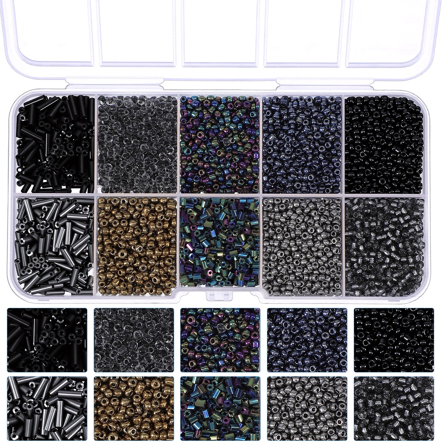 5000 Pcs 12/0 Glass Seed Beads for Jewelry Making 2mm Small Black Seed Beads Mix 10 Colors Loose Tube Bead Kit Glass Bugle Beaded Waist Bead for Bracelets Necklaces Earrings Jewelry DIY Supplies