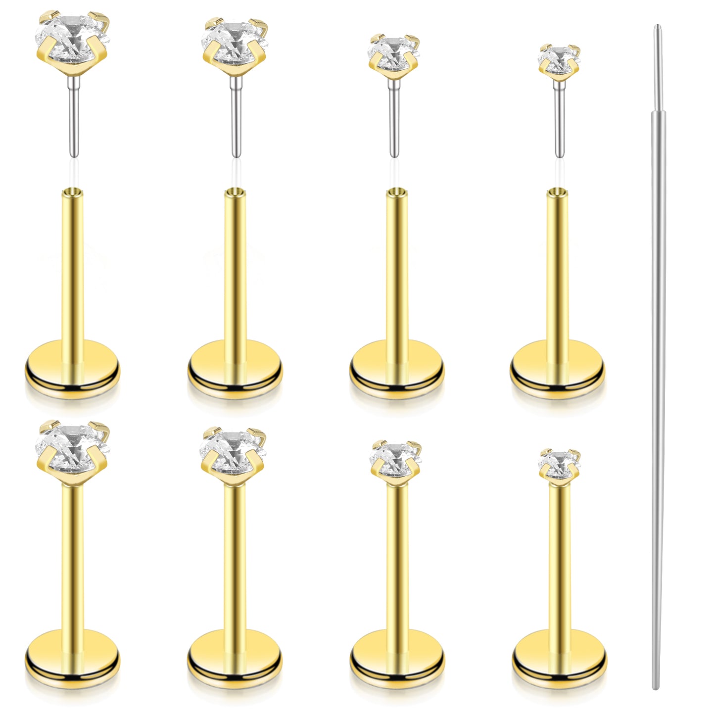 Telooco 8Pcs 20G Flat Back Nose Stud Surgical Steel Threadless Labret Studs Tragus Piercing Cartilage Earrings Helix Medusa Piercing Jewellery with 1 Tapered Insert Pin (Gold)