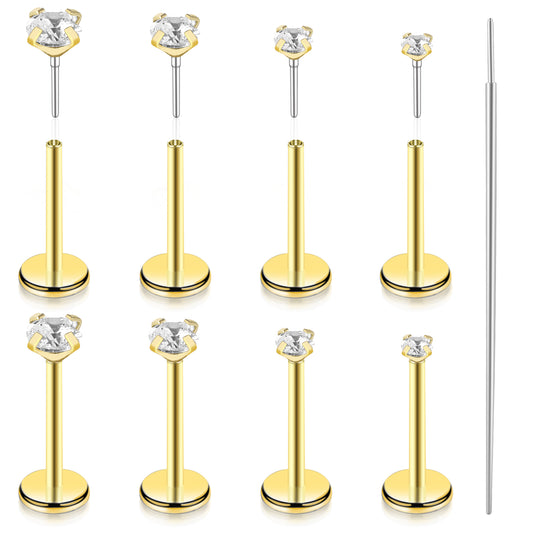 Telooco 8Pcs 20G Flat Back Nose Stud Surgical Steel Threadless Labret Studs Tragus Piercing Cartilage Earrings Helix Medusa Piercing Jewellery with 1 Tapered Insert Pin (Gold)