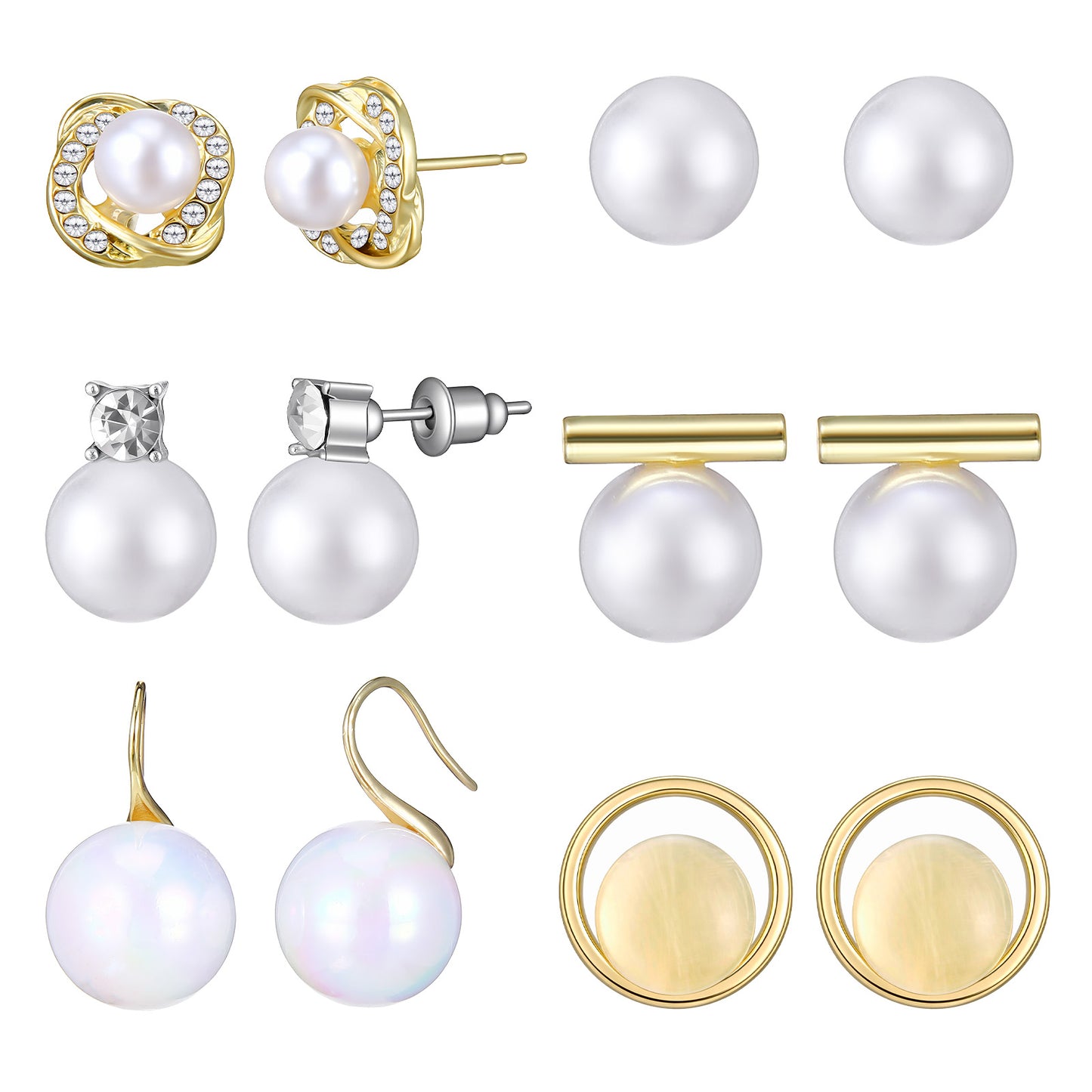 6 Pairs Gold Pearl EarringsSset, Gold Stud Earrings for Women, Elegant Pearl Dangle Earrings, for Weddings, Parties, Birthday Parties, Everyday Wear.