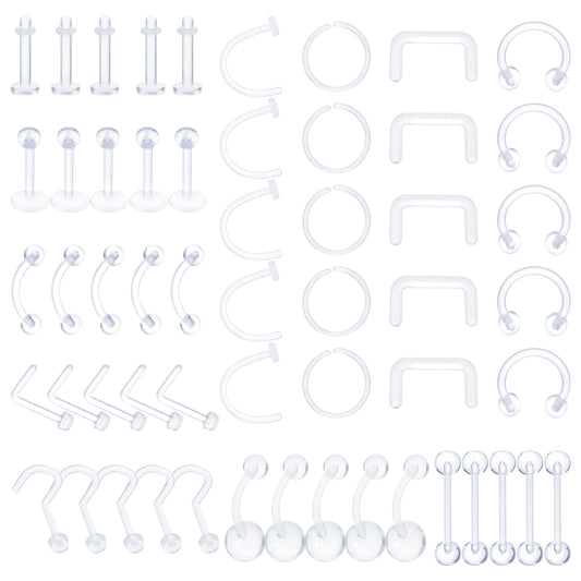 Yolev 55PCS Clear Piercing Retainer Septum Retainers Nose Studs Flexible Lip Ear Nose Hoop Tongue Rings Nipple Ring Cartilage Piercing Retainer Plastic Industrial Barbell Piercing Retainer