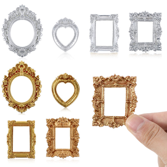 8 Pcs Dollhouse Picture Frames Set, 4 Shaped Miniature Dollhouse Mirror European Frame with Carved Edges, Vintage Dollhouse Photo Frames for 1/12 Dollhouse Decor