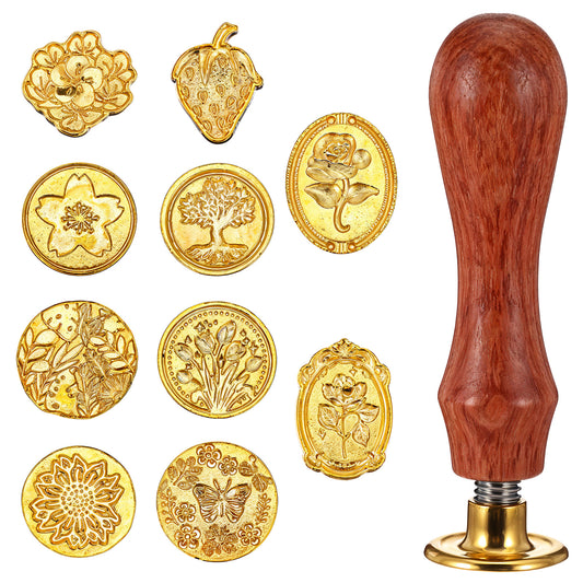 Wax Seal Stamp Kit,10pcs Sealing Wax Stamp Heads Flower Classical Crafts Waxs Seal Stamps with a Wooden Handle for Invitation Envelopes Letters