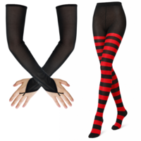 Tucnoeu Women Striped Black and Red Tights, Long Glove Fingerless Glove