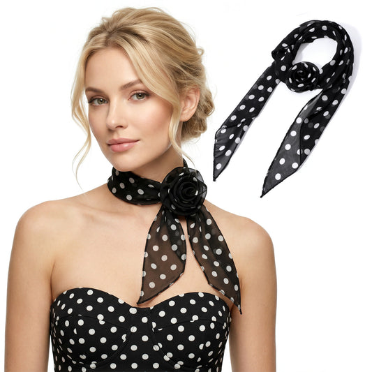 Chiffon Polka Dot Scarf for Women Removable Rose Flower Neck Scarf Soft Bandana Square Handkerchief Vintage Polka Dot Neck Scarf Versatile Headband Scarf for Women