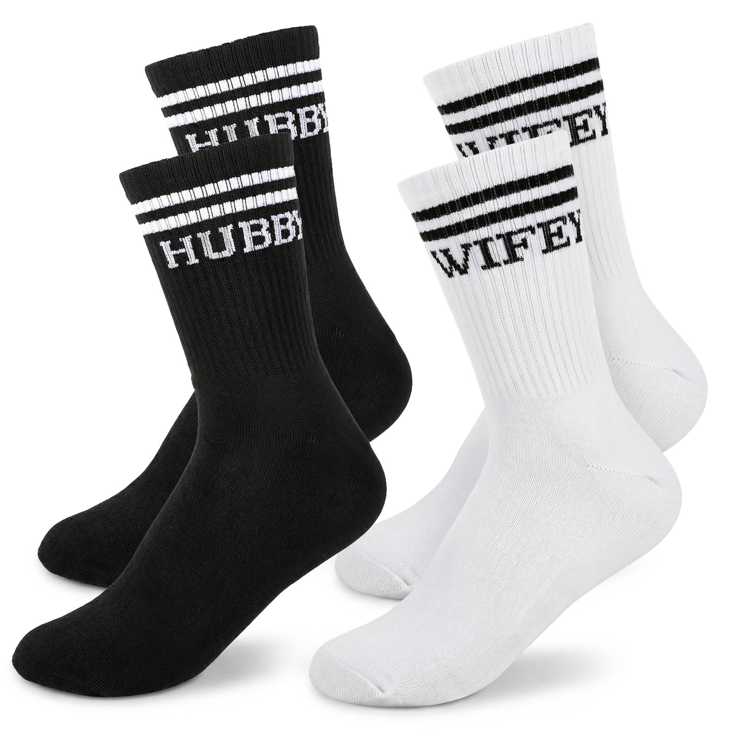 Tucnoeu 2 Pairs Hubby and Wifey Socks, Soft Cotton Bride and Groom Socks, Black and White Sock Fun Novelty Wedding Birthday Gift Sock for His and Hers