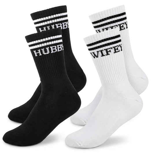 Tucnoeu 2 Pairs Hubby and Wifey Socks, Soft Cotton Bride and Groom Socks, Black and White Sock Fun Novelty Wedding Birthday Gift Sock for His and Hers