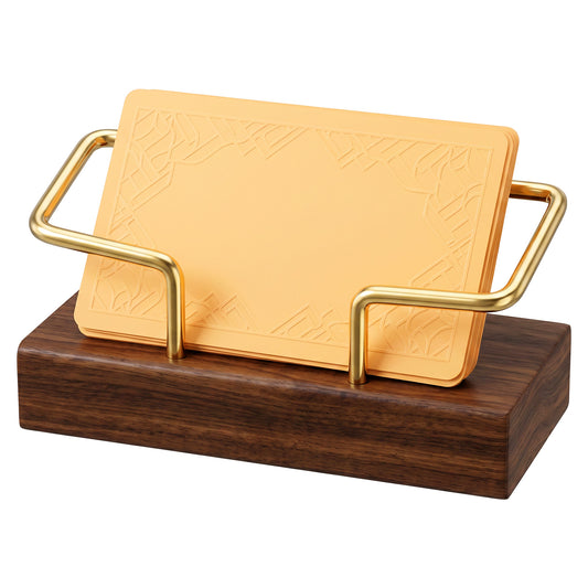 HaiFafafaing Gold Bussiness Card Organizer- Walnut Wood Card Holder Desktop Horizontal Name Cards Stand for Women and Men, Desktop Organizer Display for Office Home Exhibition Dozens Capacity