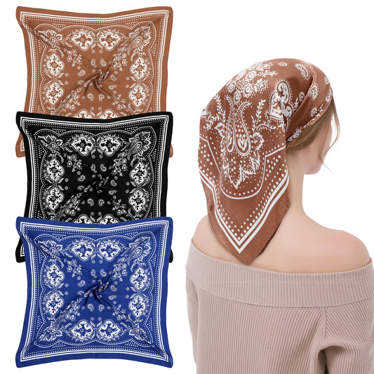 Josojoou 3 Pcs Versatile Square Hair Scarves, Multi-Purpose 27.55" x 27.55" Large Bandanas for Men & Women, Satin Silk Scarf Bandana Headbands(3 Colors)
