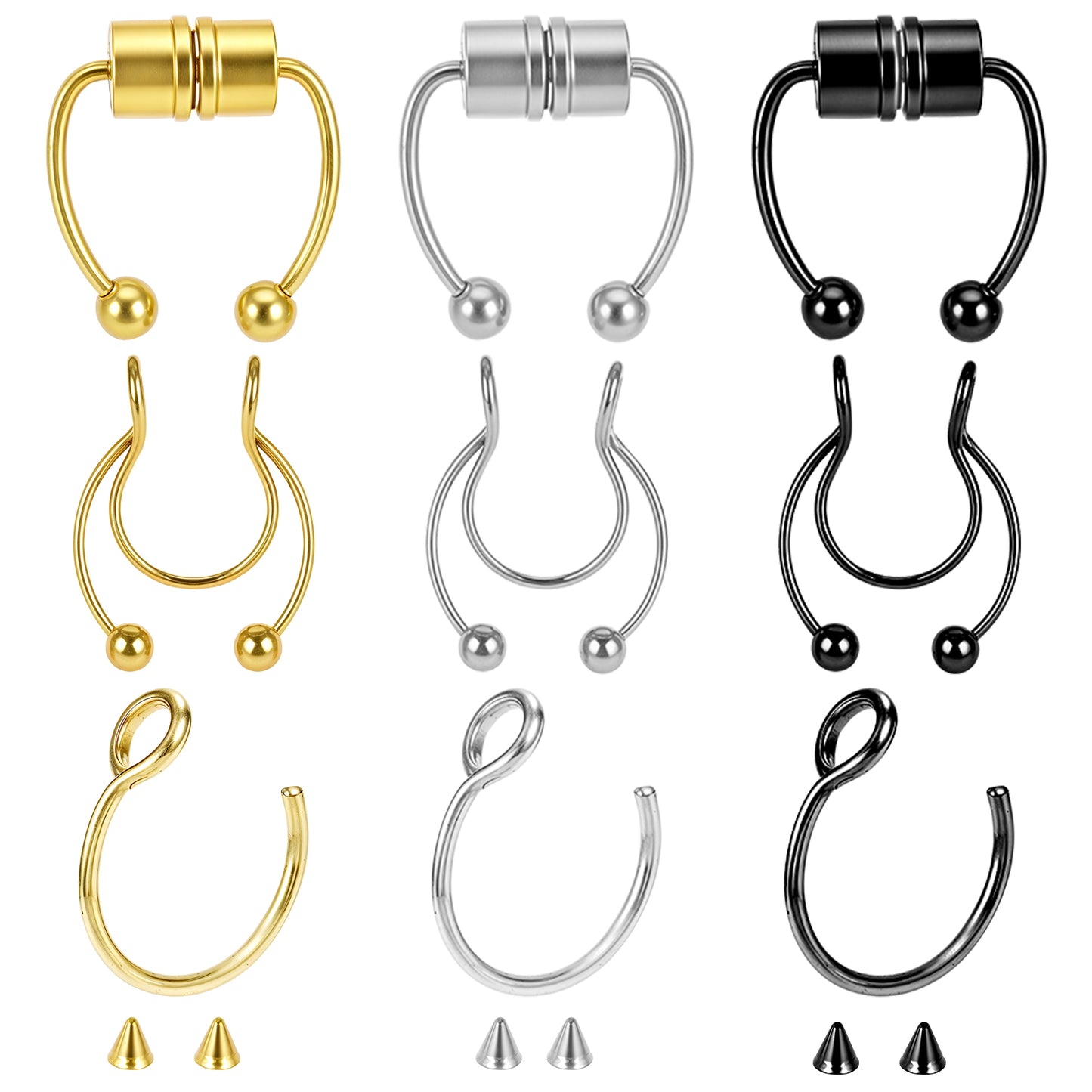 HekouJiub 9 Pcs Nose Ring Magnetic Nose Stud Fake Nose Ring Fake Septum Ring Stainless Steel Fake Septum Nose Hypoallergenic Fake Nose Stud Non-Pierced Septum Ring for Women Men