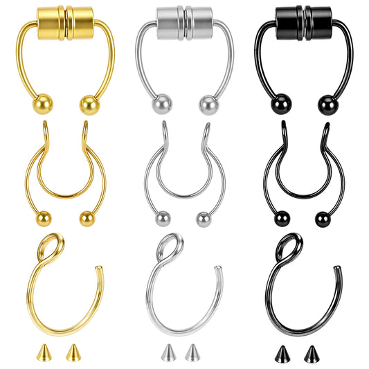 HekouJiub 9 Pcs Nose Ring Magnetic Nose Stud Fake Nose Ring Fake Septum Ring Stainless Steel Fake Septum Nose Hypoallergenic Fake Nose Stud Non-Pierced Septum Ring for Women Men