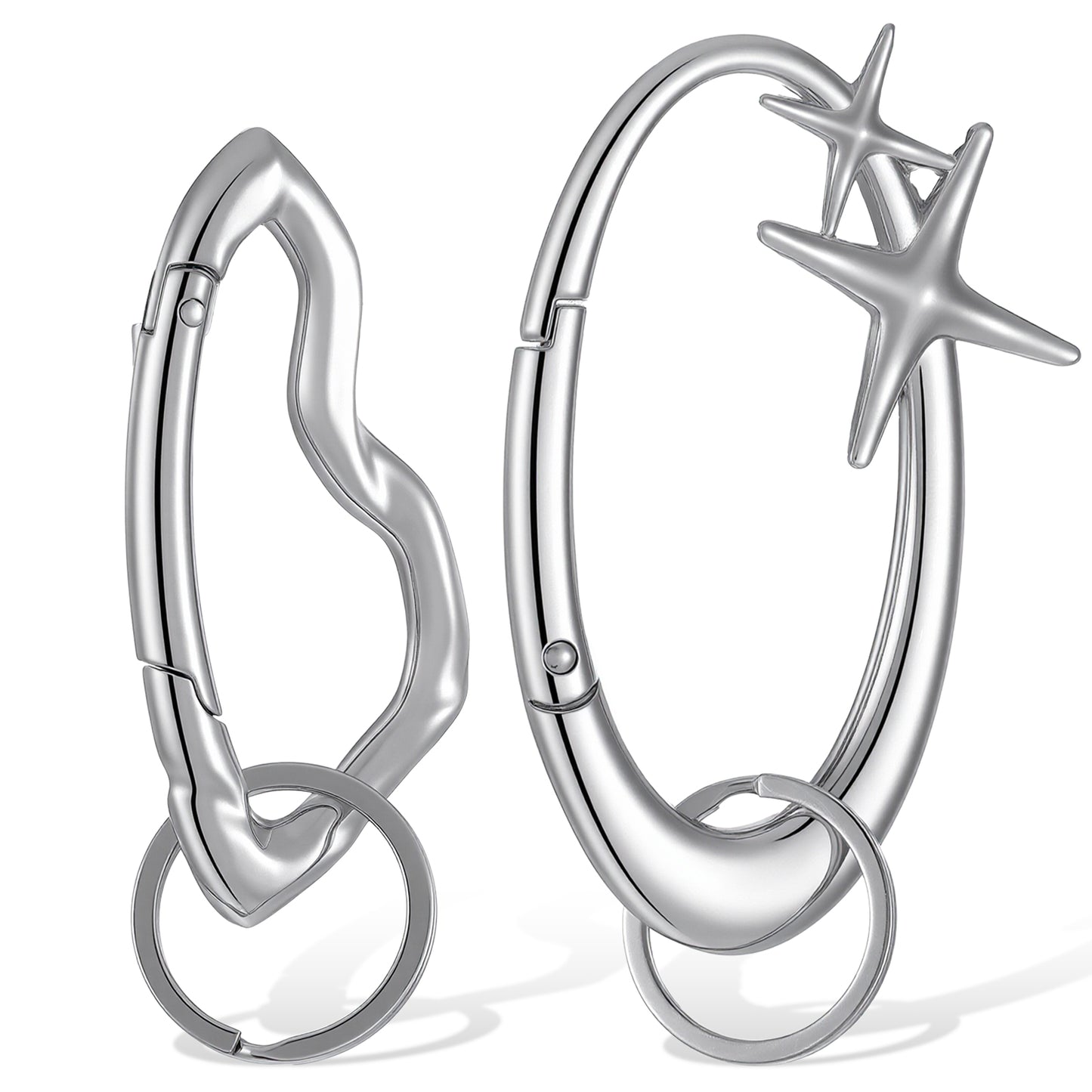 Tucnoeu 2pcs Cool Y2K Metal Shiny Key Ring, Star Carabiner Keychain, Irregular Carabiner Keychain Unisex, Shiny Chrome Caribiner for Car Keys Purse Handbag Backpack Bag Charms