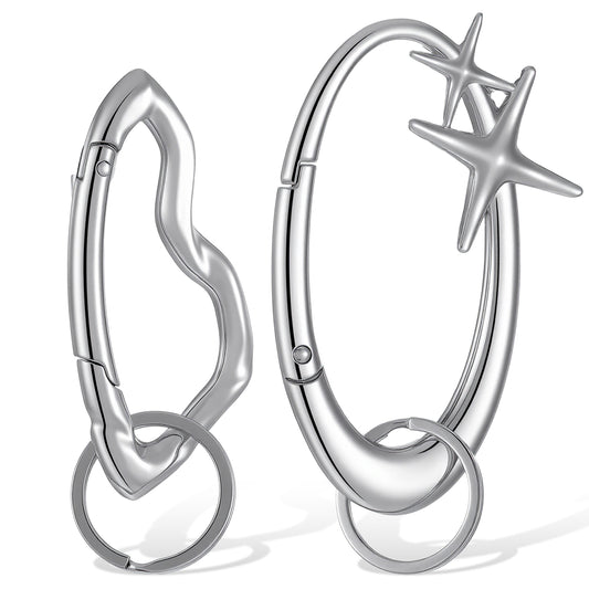 Tucnoeu 2pcs Cool Y2K Metal Shiny Key Ring, Star Carabiner Keychain, Irregular Carabiner Keychain Unisex, Shiny Chrome Caribiner for Car Keys Purse Handbag Backpack Bag Charms