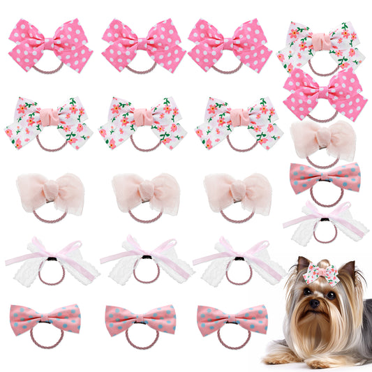 Lusofie 20 Pcs Dog Hair Bows Cute Pink Dog Bows Small Size Puppy Hair Bows with Rubber Bands Adorable Bowknot Top Knot Dog Hair Accessories in 5 Styles