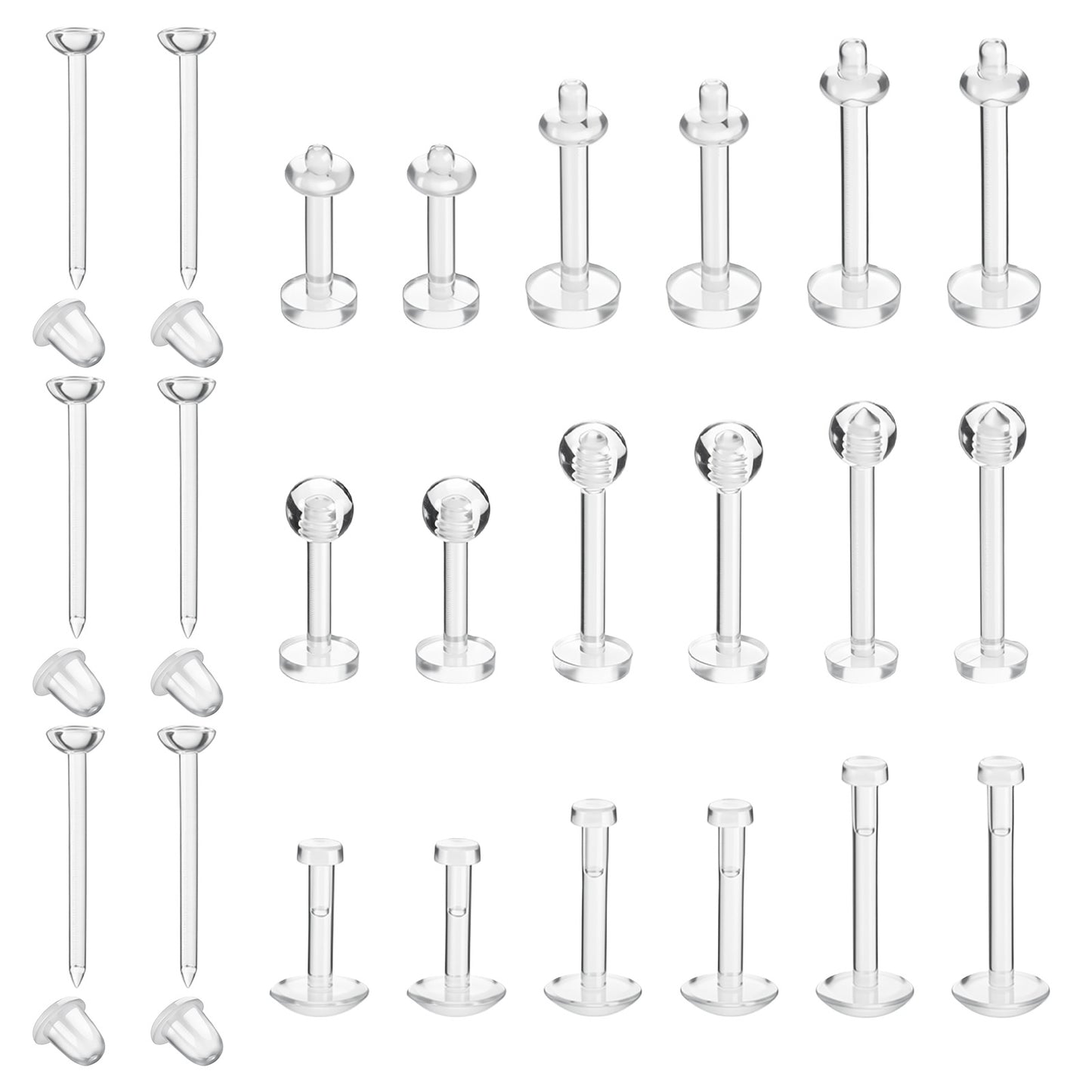 HekouJiub Clear Earrings for Sports - 24Pcs Clear Nose Studs Lip Piercing 16G 20G Plastic Cartilage Helix Tragus Labret Retainer Invisible Piercing Jewelry