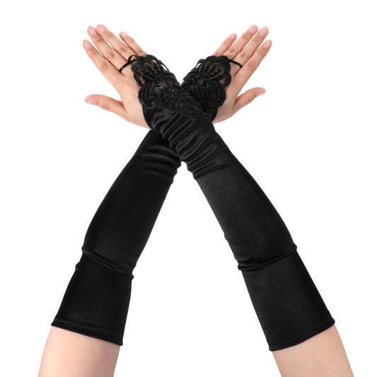 Gemoioio 1920s Long Black Gloves - 20s Fingerless Opera Gloves, Accessories for Women, Wedding Gloves with Rhinestone Stretchy Satin for Theme Party Halloween Costume