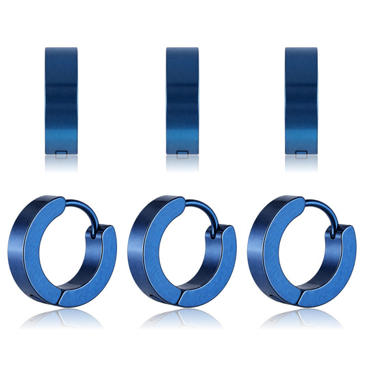 Men Hoop Earrings, 3 Pairs Stainless Steel Mens Earring Hoops Blue Hoop Earrings for Men Women Wearing(Blue)