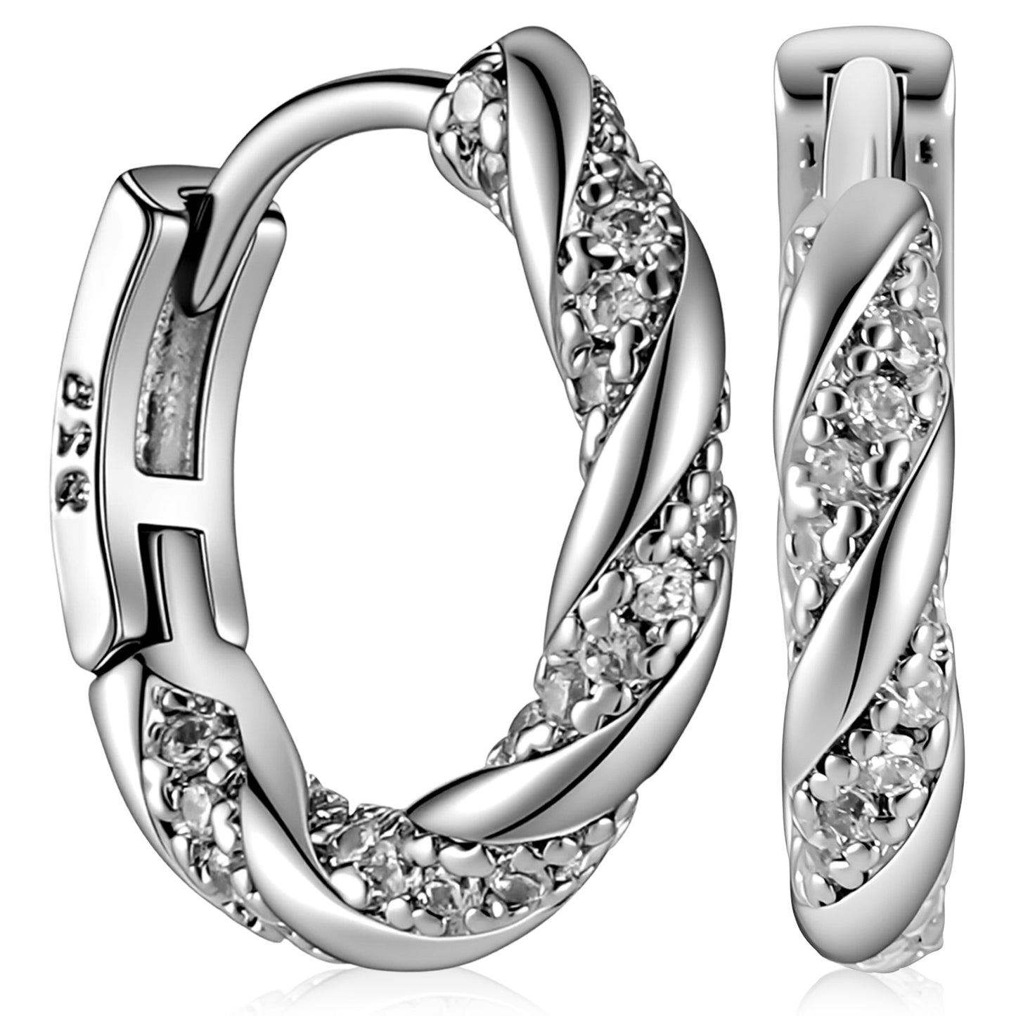 silver earrings for women S925 sterling silver posts - Twisted hoop earrings for women 15mm / 0.55 in With Cubic Zirconia