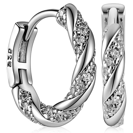 silver earrings for women S925 sterling silver posts - Twisted hoop earrings for women 15mm / 0.55 in With Cubic Zirconia
