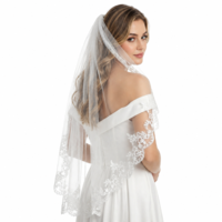Yykazqe White Wedding Veils for Brides,1 Tier Floral Edge Bridal Tulle Veil Lace Wedding Veils with Comb,33.5in(Half floral edge)