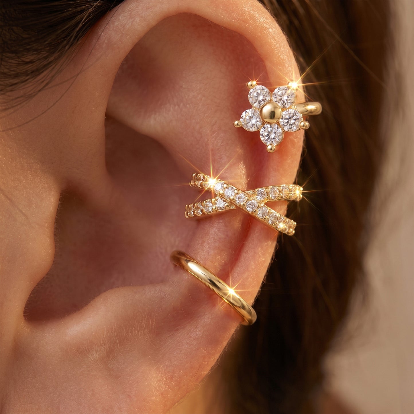 Ear Cuffs for Women Non Piercing - 3PCS Gold Clip On Earrings, 14K Gold Plated Adjustable Cuff Earrings for Women, Dainty Flower Design