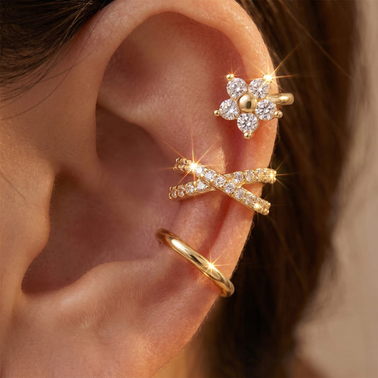 Ear Cuffs for Women Non Piercing - 3PCS Gold Clip On Earrings, 14K Gold Plated Adjustable Cuff Earrings for Women, Dainty Flower Design
