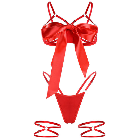 Telooco Women Sexy Lingerie Set Satin Bow Tie Lingerie Unwrap Me Present Lingeries for Christmas Valentines (Red)