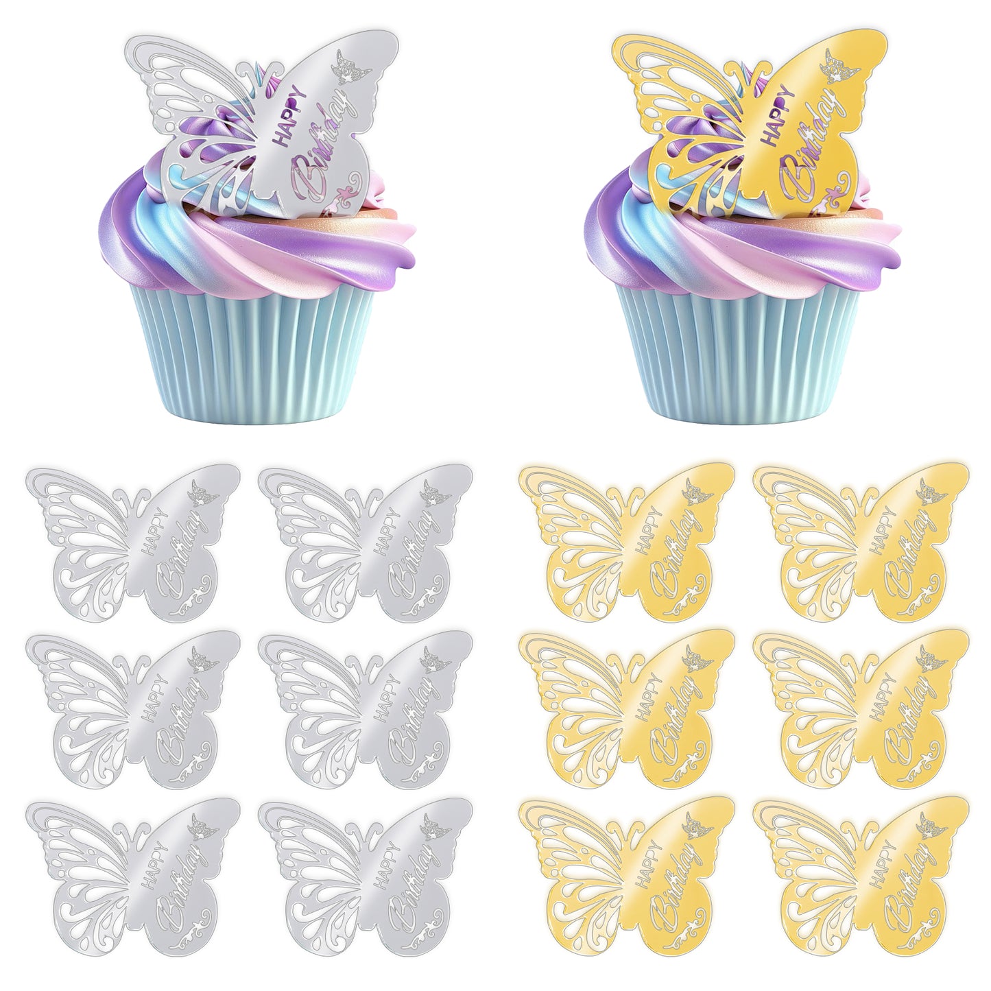 Acrylic Butterfly Cupcake Toppers 12Pcs Happy Birthday Cupcake Toppers Disc Mirror Butterfly Cake Decorations For Birthday Party Wedding Anniversary DIY Cupcake Decorations(Gold and Silver)