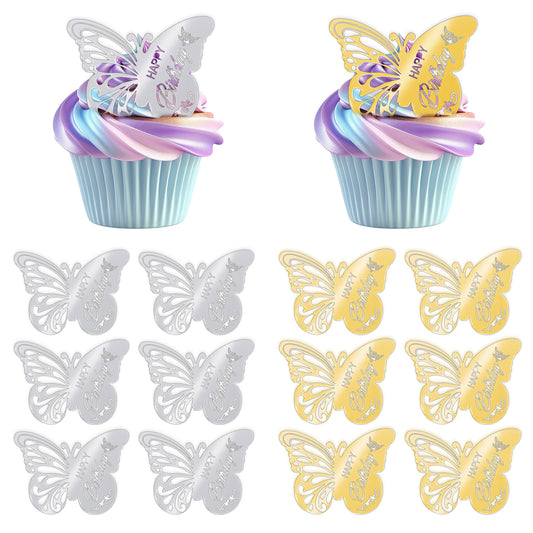 Acrylic Butterfly Cupcake Toppers 12Pcs Happy Birthday Cupcake Toppers Disc Mirror Butterfly Cake Decorations For Birthday Party Wedding Anniversary DIY Cupcake Decorations(Gold and Silver)