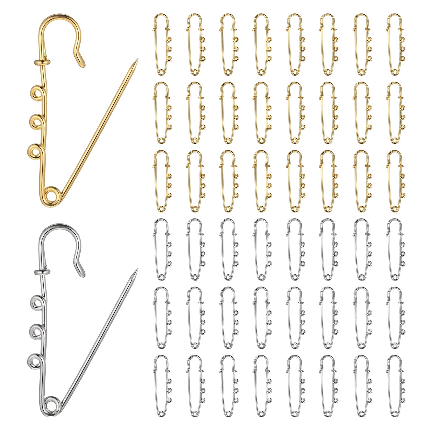 50 PCS Safety Pin Brooch Large Safety-Pins 50mm Gold Silver Metal Heavy Duty Blanket Kilt Pins With 3 Loops For Crafting Arts Diy Brooch Pin Sock Pins Charms For Hat Jacket Skirts Design