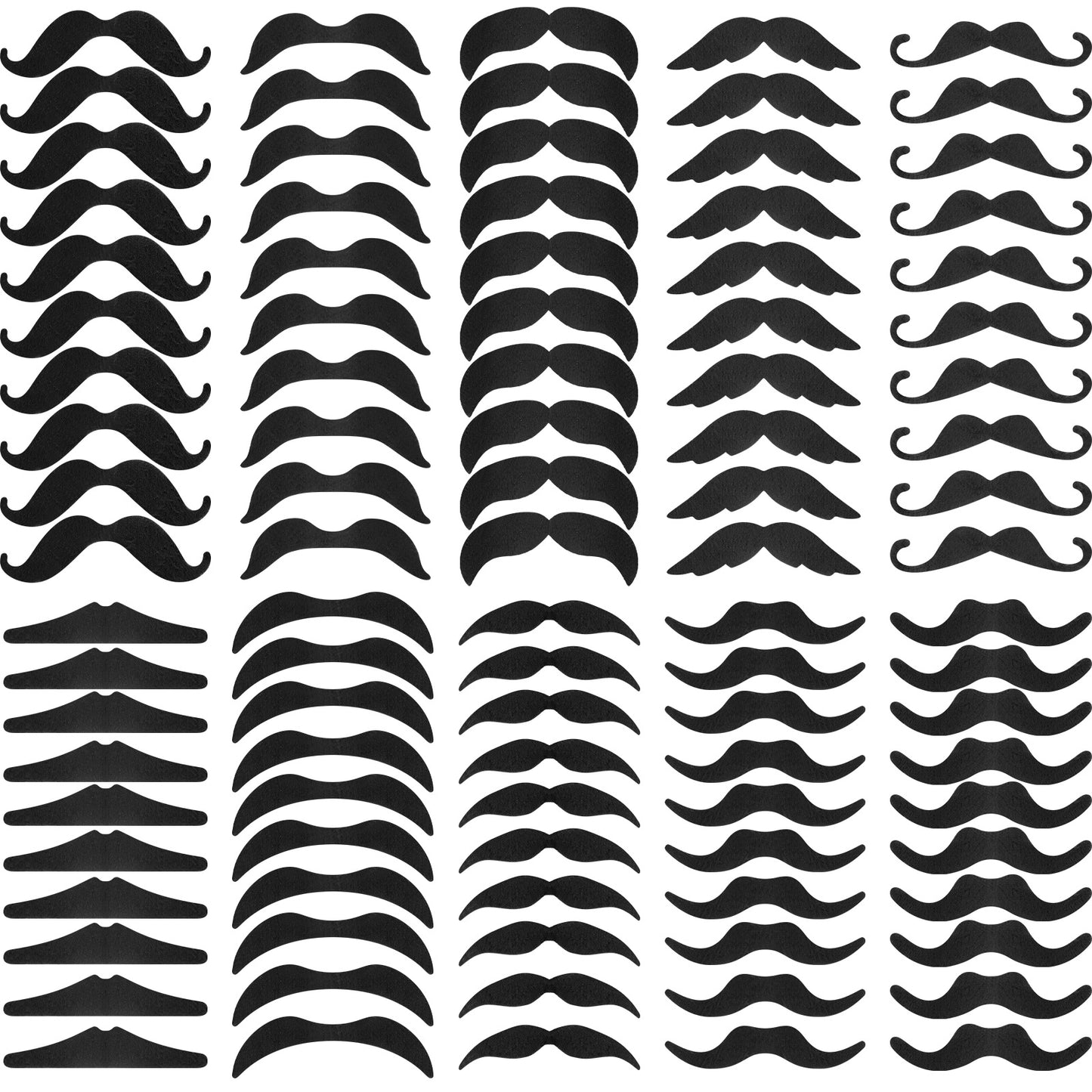 100 Pcs Black Fake Mustaches Self Adhesive, 10 Designs, Novelty Fake Beard Costume Facial Hair for Halloween, Christmas, Party Supplies, Suitable for All Ages