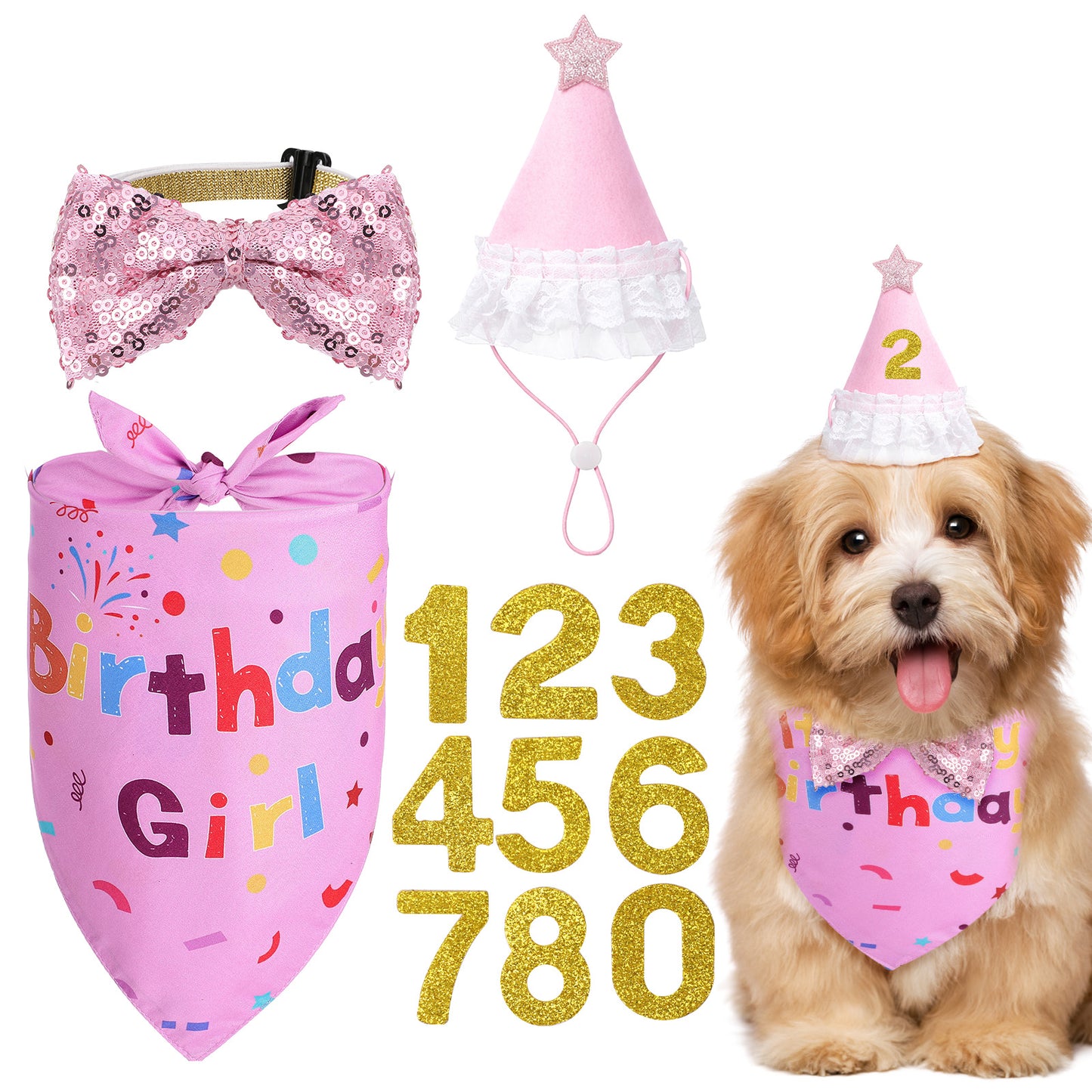 Dog Birthday Bandana, "Birthday Girl" Dog Birthday Hat Girl Dogs Party Birthdays Numbers Hat Bow Tie for Pet Puppy Cat Birthdays Party Decorations, Pet Costumes Headwear Accessories(Pink G)