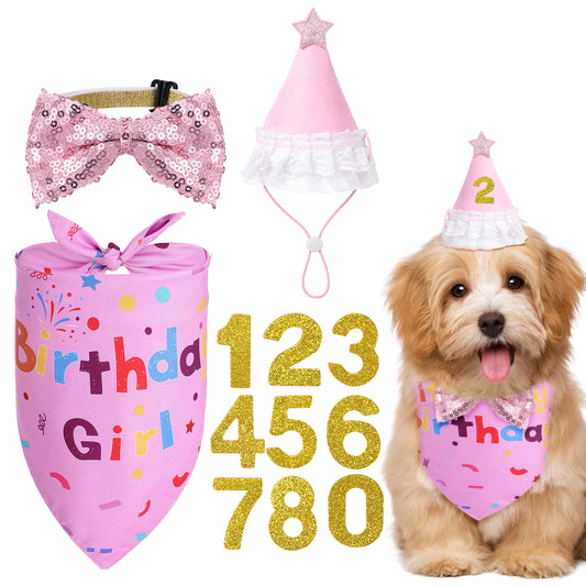 Dog Birthday Bandana, "Birthday Girl" Dog Birthday Hat Girl Dogs Party Birthdays Numbers Hat Bow Tie for Pet Puppy Cat Birthdays Party Decorations, Pet Costumes Headwear Accessories(Pink G)