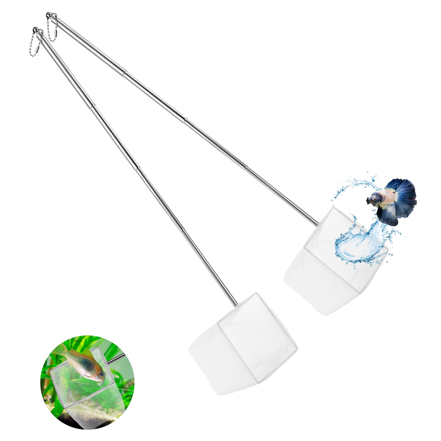 Aquarium Fish Tank Net, Stainless Steel Extendable Handle Shrimp Net, Fine Nylon Mesh, Square Debris Skimming Nets For Pond And Aquarium