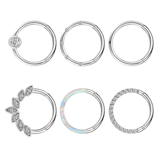Tucnoeu 6pcs 18 Gauge Nose Ring,Surgical Steel Nose Ring,Cz Opal Septum Ring,Stainless Steel Septum Nose Rings,Nose Ring Hoops for Women,Cartilage Hoop Earring,Nose Piercing Jewelry