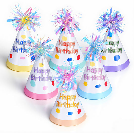 Gemoioio 6Pcs Birthday Hats Adults, Happy Birthday Hat with Colorful holographic Pom Poms, Cone Birthdays Party Hat for Women Men Photo Props Party Celebration Supplies Decorations