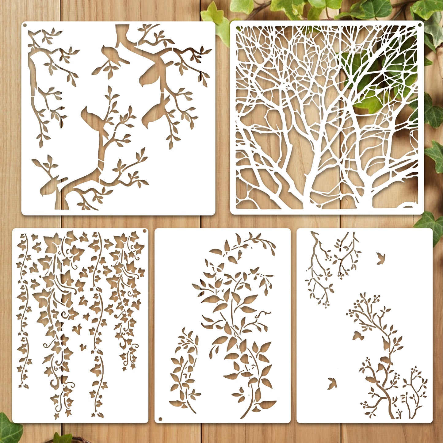 5Pcs Stencils for Crafts Reusable Tree Leaf Vine Stencils for Painting on Wood, Large Bird Branches Wall Stencil, Leaf Stencil for Painting Wall Furniture Canvas Floor Home Decor