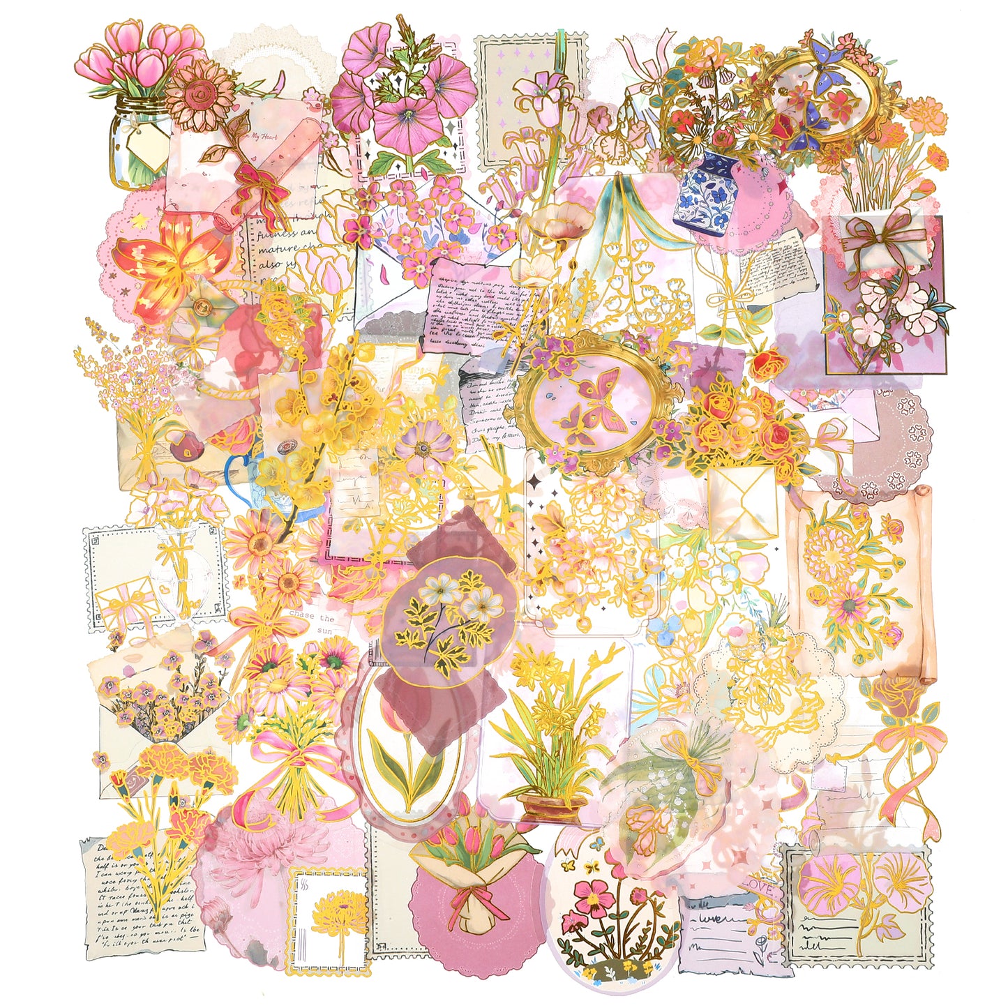 100 Pcs Gold Stamp Stickers for Scrapbooking Journaling Junk Journal Scrapbook Supplies Waterproof Transparent PET Flower Stickers Aesthetic Flower Decals for Resin Crafts Decorative Art Crafts