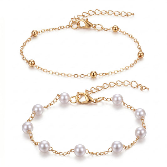 Gemoioio 2Pcs Gold Chain Bracelet, Gold Beaded Pearl Bracelet, Stackable Dainty Bracelets for Women