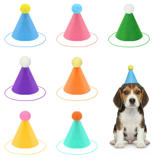 7 Pcs Mini Party Hats for Stuffed Animals Felt Colorful Birthday Party Hats with Pom Poms Multicolor Mini Cone Hat for Adults Stuffed Animals Cat Dog Rabbit Photo Props Birthday Decoration